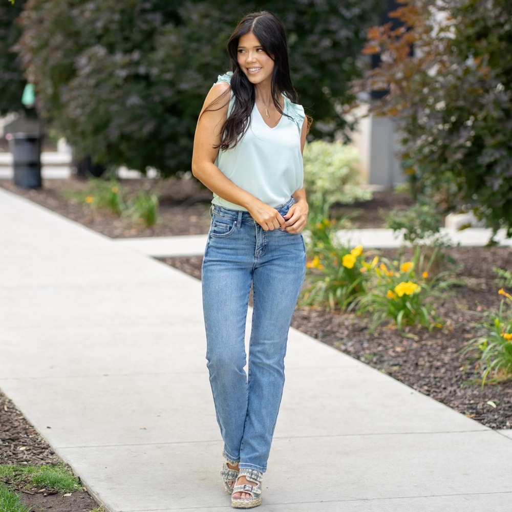 Risen High Waisted Straight Leg Ankle Jeans w/ Adjustable Waist